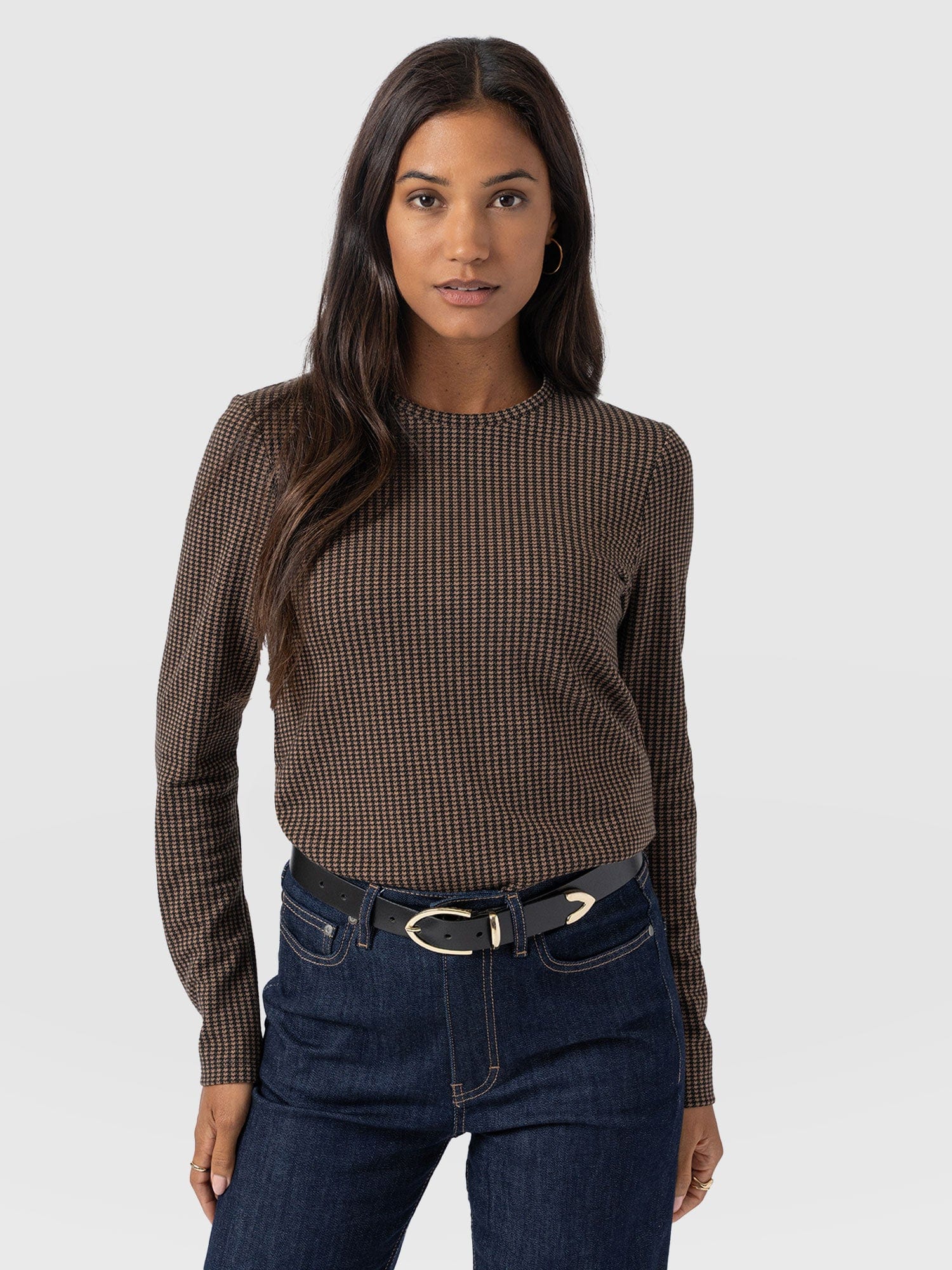 Glen Crew Neck Tee Long Sleeve - Brown Mini Houndstooth - Women's T-shirts | Saint + Sofia® USA
